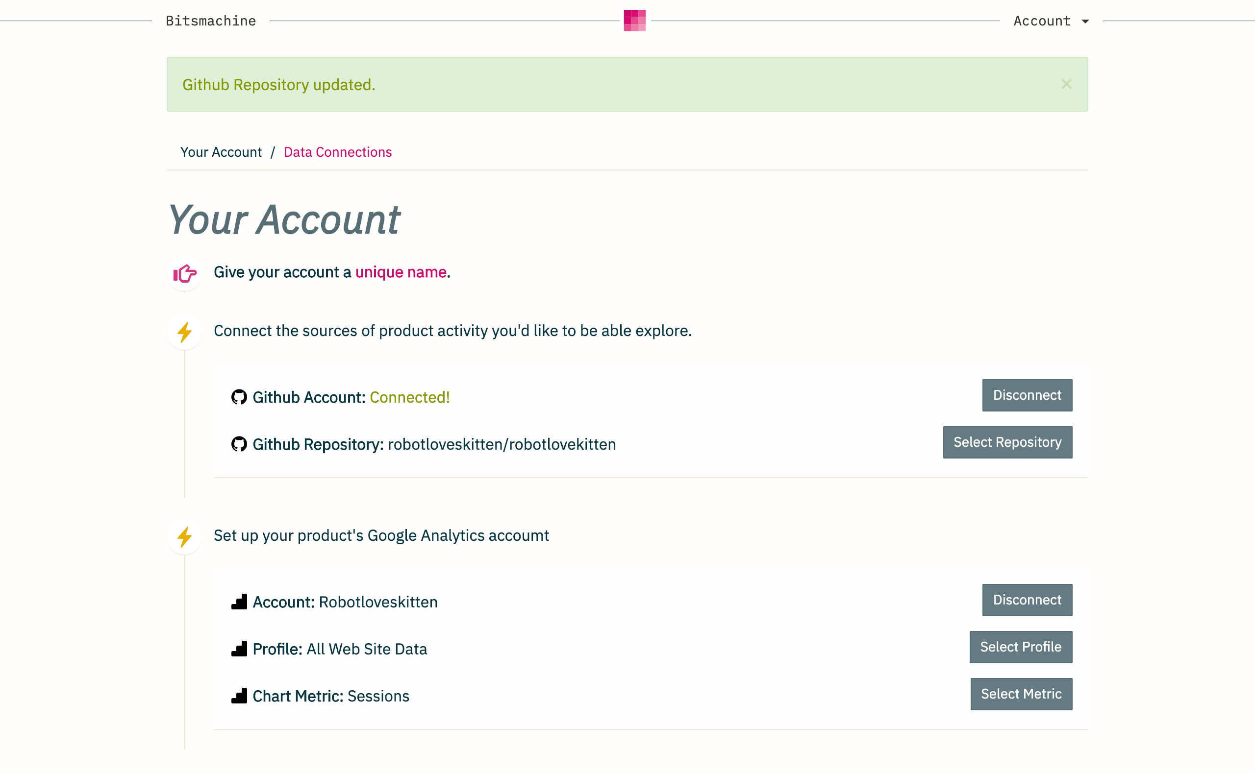 Github analytics settings page