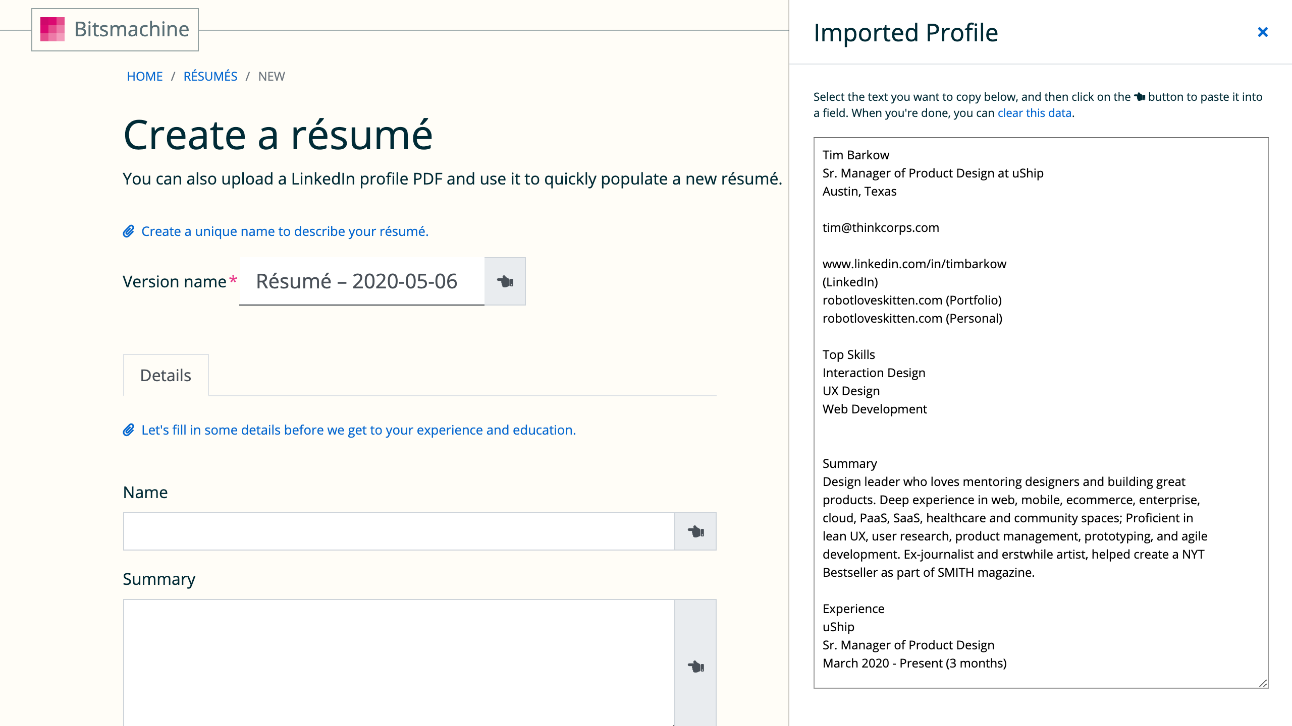 bitsmachine resume import